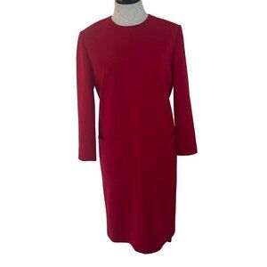 Vintage Womens Dress Size Medium Red Knit Shift Long Sleeve Zip Pockets